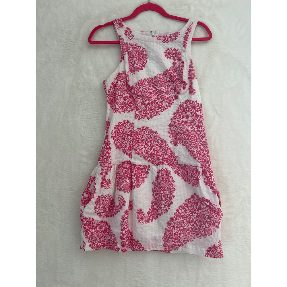 Tori Richard Pink White Floral Seersucker Drop Waist Mini Dress Pockets Size 4